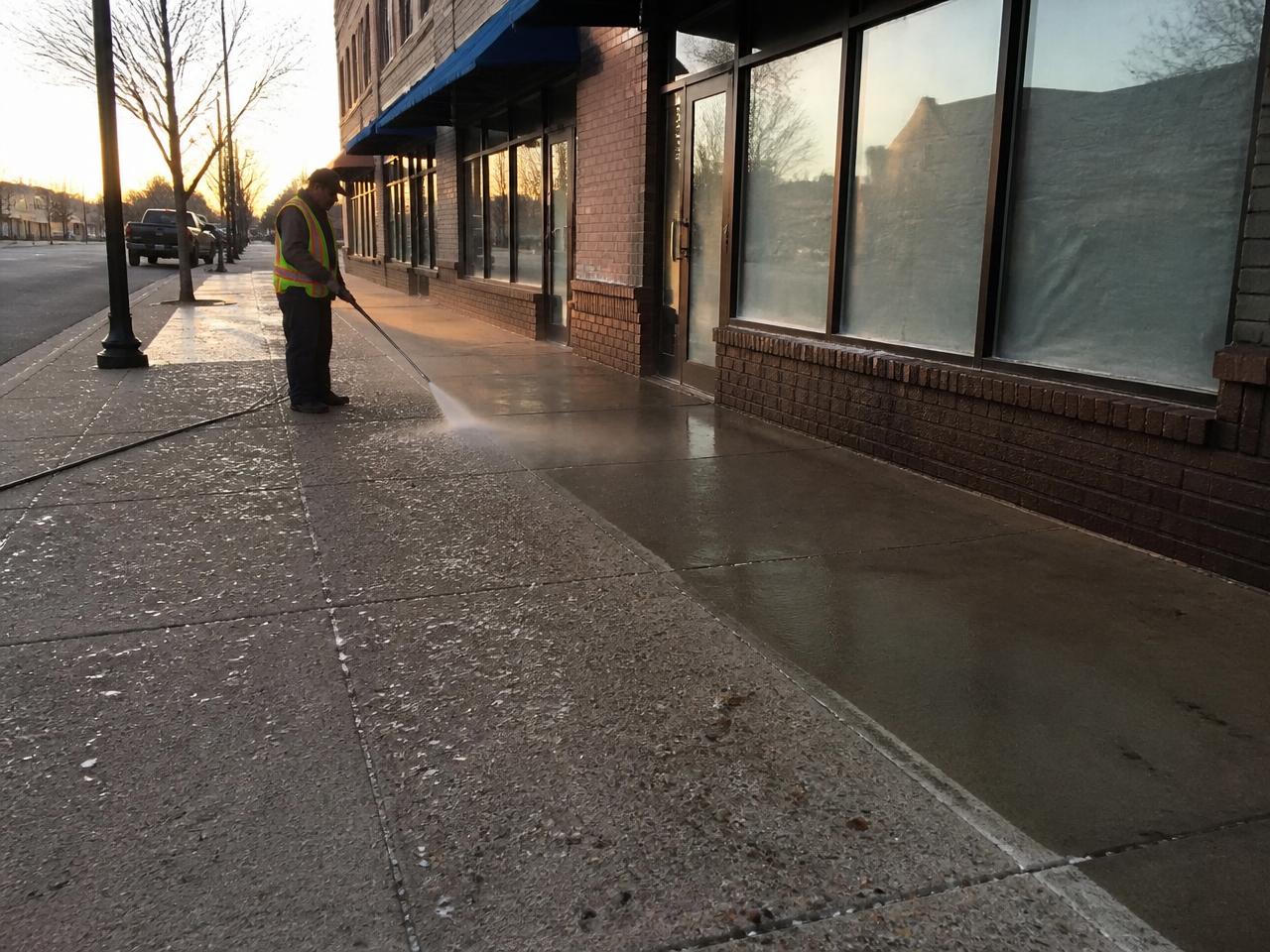 Commercial storefront sidewalk being pressure washed early morning